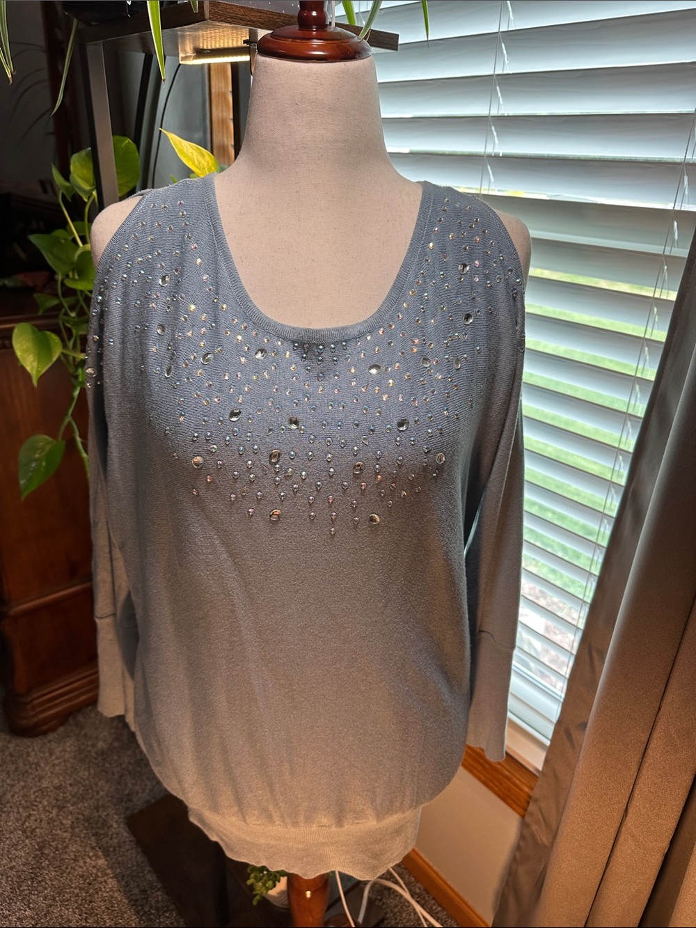 Light Blue Embellished Knit Sweater with peek a boo shoulders